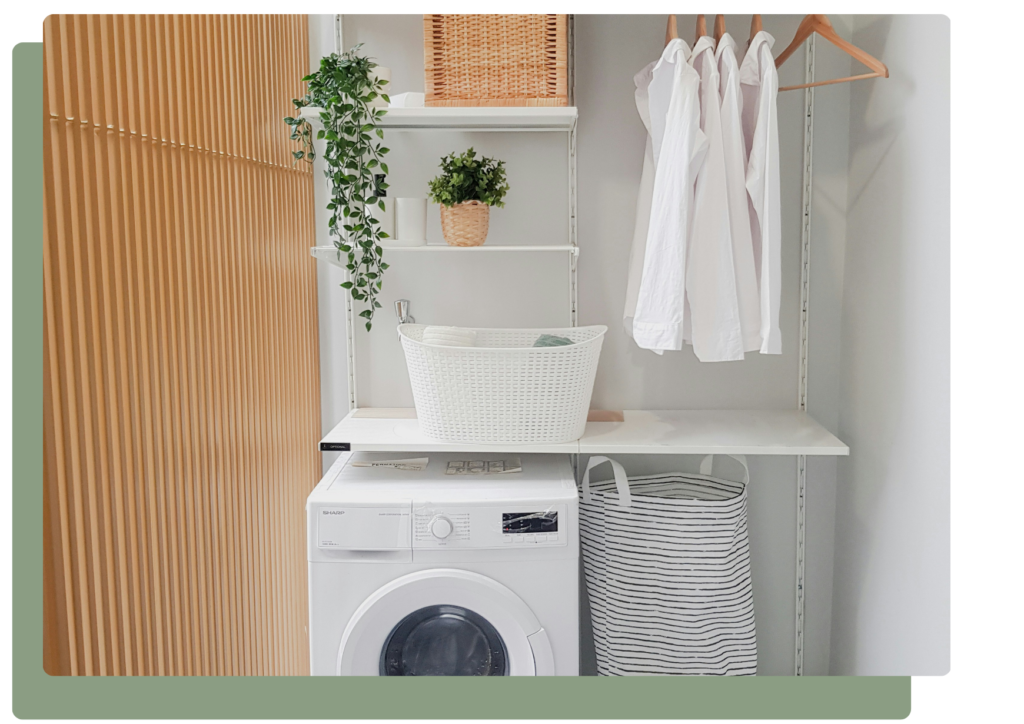 Laundry and utility area with washer, shelving, and accessible surfaces