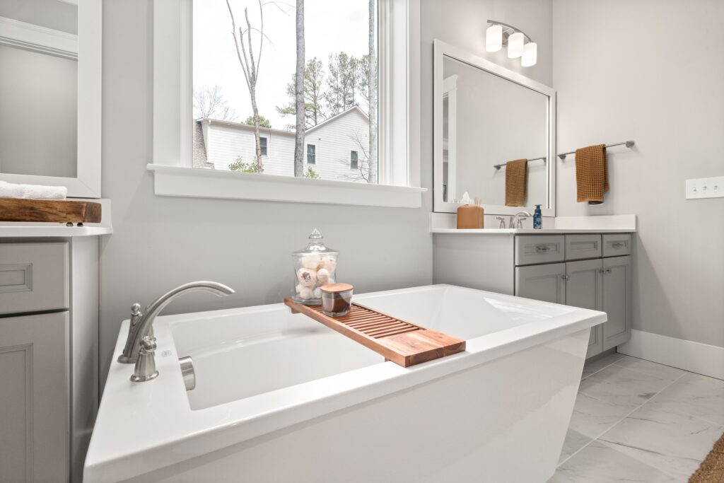 Bright bathroom in a regularly maintained home prepared for standard cleaning